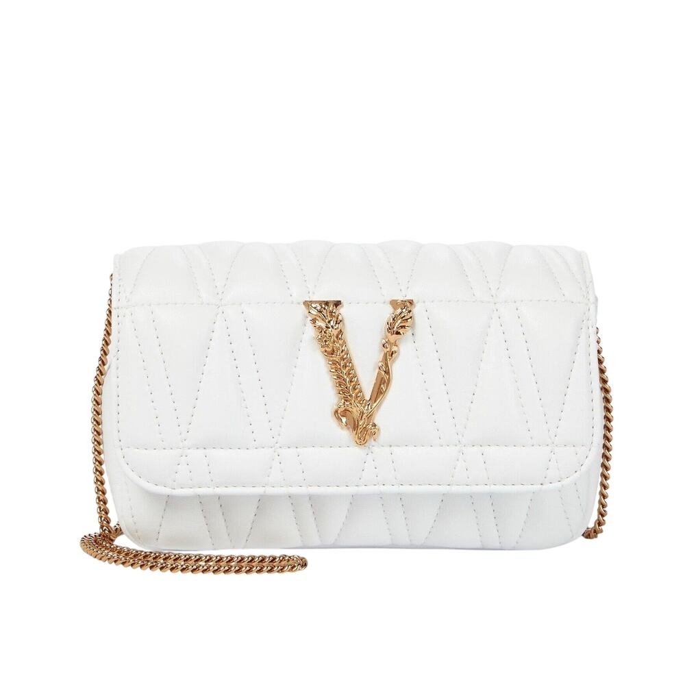 NWT Versace Virtus Mini White Quilted Leather Crossbody Bag with Gold Chain
